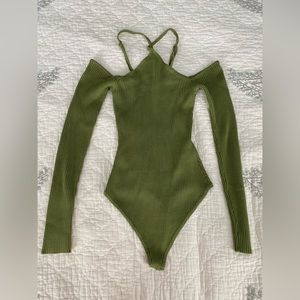 Abercrombie green off the shoulder long sleeve with cris cross detail body suit